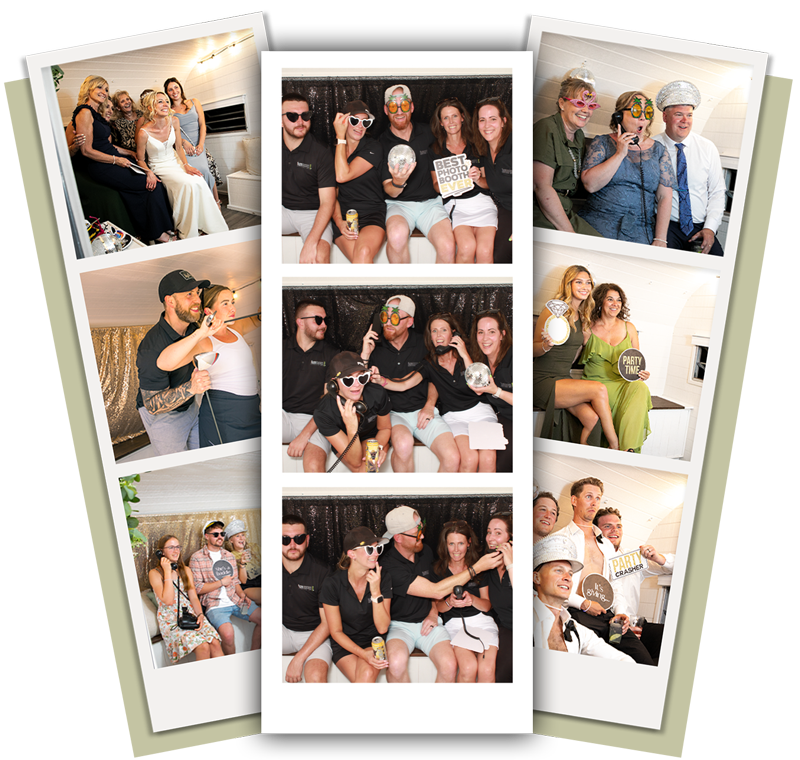 Stacked photo booth photo strips highlighting candid moments from a wedding reception